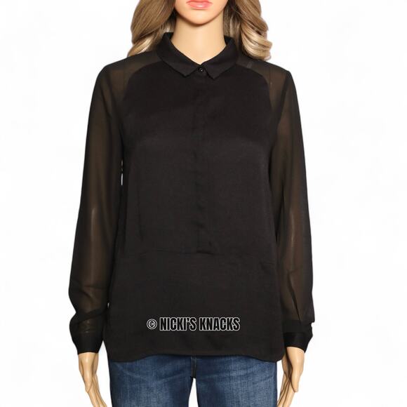 Anthropologie See U Soon Sheer Sleeve Black Collared Button Blouse Size XS - Picture 2 of 10